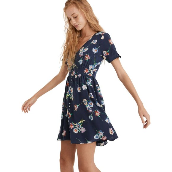 Madewell Silk Button-Front Tie-Sleeve Retro Dress in Flutter-By Floral - 12 - Picture 1 of 11